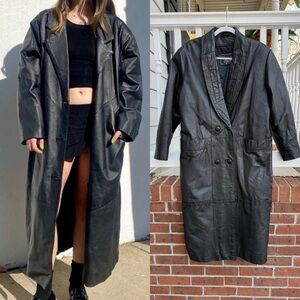 Vintage 80s 90s Marco Morani Black Real Leather Trench Maxi Jacket Coat Medium